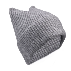 Detail of the gray knit texture and cute cat ear design on this warm winter beanie