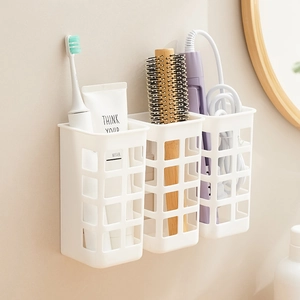 Wall Mounted Hair Tool Organizer White HIPS Plastic Hollow Mesh Storage Basket For Bathroom Curling Iron Brush Holder