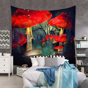 Bedroom wall setup showing a large fantasy mushroom tapestry over a cozy bed