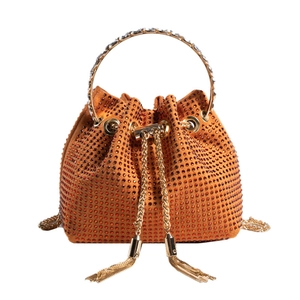 Brown rhinestone bucket bag with sparkling crystals, golden handle and chain strap for women