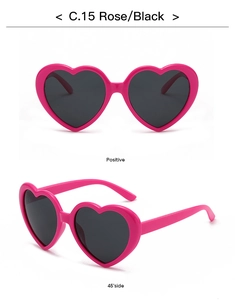 Front and side views of heart-shaped sunglasses with rose frame and black lenses