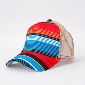 Detail view of multi-color striped baseball cap with breathable beige mesh back