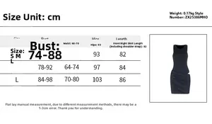 Size chart detail for sleeveless satin mini dress showing S, M, and L dimensions in cm
