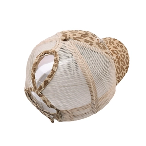 Leopard print ponytail baseball cap with breathable mesh and adjustable back closure