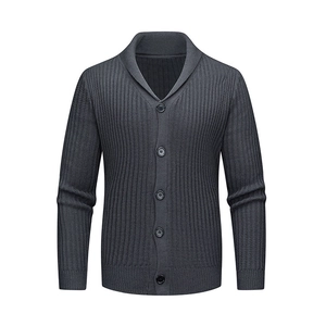 Classic dark grey men's knit cardigan with a stylish shawl collar and five-button closure
