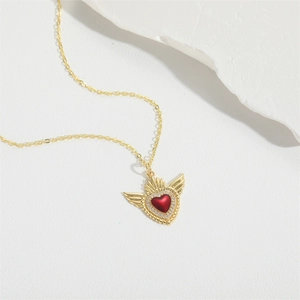 Gold-plated sacred heart pendant necklace with red enamel and white zircon accents