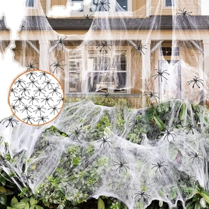 Detailed view of realistic white spider web with small black spiders for Halloween decor