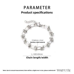 Détails techniques du bracelet en acier inoxydable de 180mm montrant poids et dimensions
