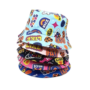 Kids Bucket Hat Reversible Sun Protection Graffiti Print Pop Art Sticker Style Polyester For Boys And Girls
