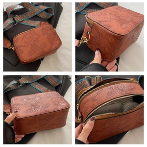 Multi-angle view of retro brown PU crossbody bag with rose embossed texture and wide strap