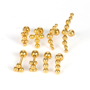Set of 8 golden stainless steel cartilage stud earrings featuring ball and cross designs