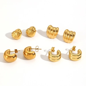 Hoop Earrings 304 Stainless Steel 18K Gold Plated Vintage Textured C Shape Chunky Studs Minimalist Jewelry For Women