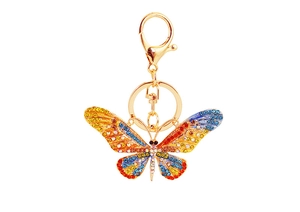 Detailed close-up of a golden butterfly keychain with vibrant multi-colored rhinestones