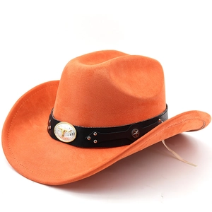 Detail of orange suede cowboy hat featuring bull skull buckle and star studs