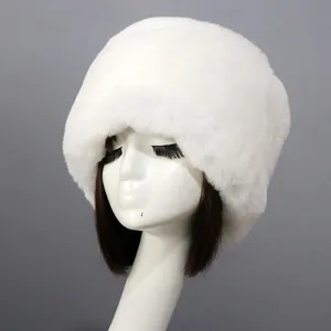 White thick faux rex rabbit fur Russian hat for winter warmth with plush ear covers