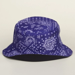 Close-up of purple paisley bandana print fisherman bucket hat with black lining