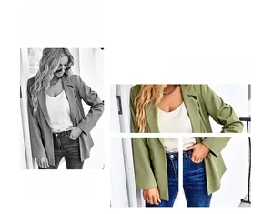 Close-up of olive green women blazer with notched lapel and single-breasted design