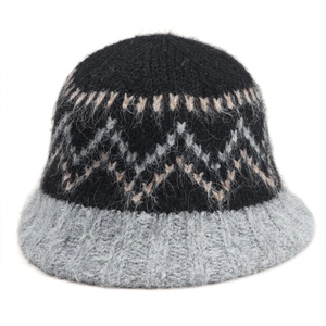 Chic winter diamond lattice knit bucket hat with wavy pattern and plush mohair texture
