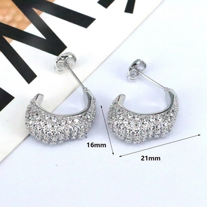 Detailed macro view of silver-tone micro-pave rhinestone stud earrings sized 16mm by 21mm
