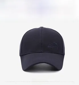 Detailed front view of navy sports baseball cap with mountain embroidery and sports logo