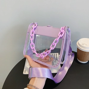 Detail of purple transparent PVC jelly bag with chunky plastic chain and adjustable strap