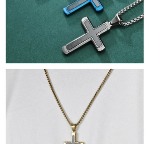 Detail of cross pendants in silver-blue and gold finishes with carbon fiber inlays