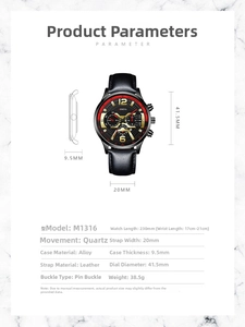 Detailed specification chart of Geneva M1316 men's quartz watch with black leather strap