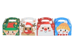 Four festive Christmas paper gift boxes with Santa, reindeer, and snowman cartoon patterns