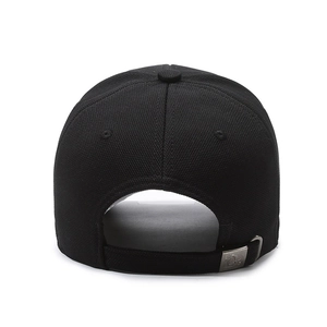Back view of a black baseball cap with an adjustable silver metal buckle and strap