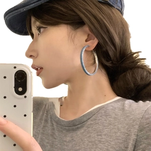 Sparkly blue fabric denim geometric hoop earrings for women with silver needle posts