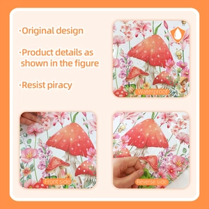 Detail showing waterproof mushroom house floral window sticker and double-sided visual effect