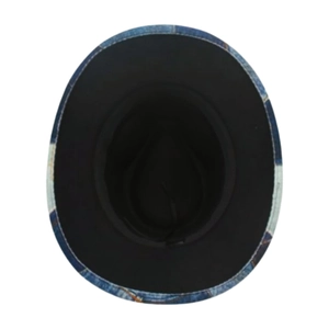 Internal view of fedora hat with blue denim brim trim and black lining with adjustment cord