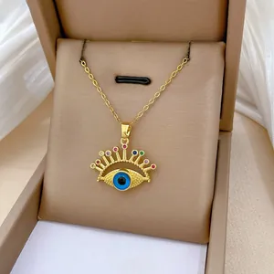 Macro shot of evil eye pendant featuring colorful pavé crystals and golden lash details