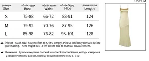 Size chart with measurements in cm for champagne satin evening dress with mesh splicing