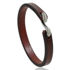 Vintage brown leather bracelet with silver S-shaped metal hook clasp for men