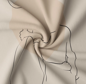 Close-up of bohemian printed fabric showing soft texture and modern line art portrait