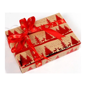 Brown kraft Christmas gift box with red foil print and Merry Christmas ribbon decoration