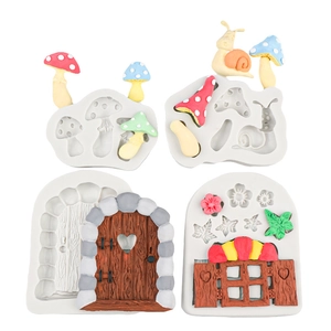 DIY silicone mold set featuring fairy garden mushroom, wooden door, and snail shapes