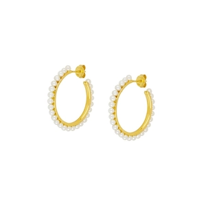 Elegant gold hoop earrings with white pearl inlay and polished metal finish for women