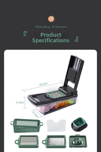 Detailed product dimensions for the 13-piece multifunctional vegetable chopper with drain basket