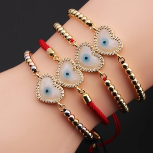 Copper Zirconia Heart Evil Eye Bracelet Adjustable Braided Rope Handmade Protection Charm Jewelry Gift For Women