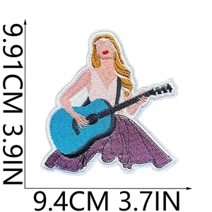 Taylor Swift embroidery patch featuring singer with guitar measuring 3.9 x 3.7 inches