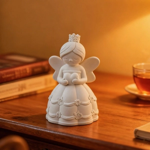Gros plan d'une figurine d'ange blanc avec cœur et relief floral sur table en bois