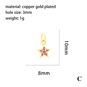 Detail showing dimensions of 18K gold plated copper star pendant with pink zircon stone