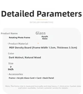 Detailed specs of the 7 inch rotating MDF photo frame with dimensions and color options