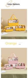 Detailed set of three PVC cosmetic bags in yellow and pink for organized travel storage