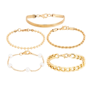 Five-piece gold chain bracelet set with faux pearls and flat snake links on white background