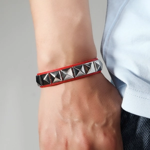 Punk red leather bracelet with silver square studs for men and women on wrist