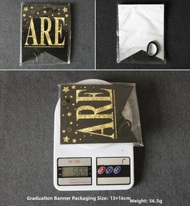 Weight and size detail of the 2026 graduation party banner in plastic packaging