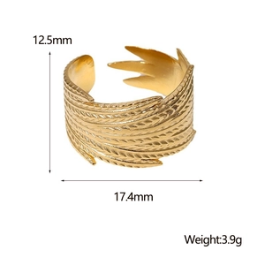 Detail showing dimensions of golden feather-textured adjustable stainless steel ring